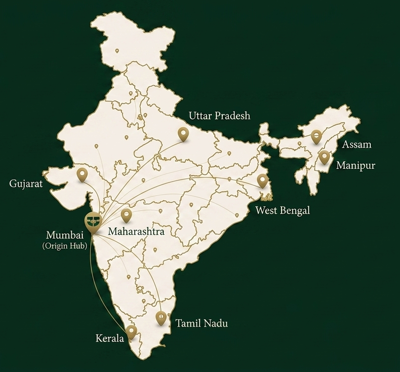 Map of India showing RCL supply routes from Mumbai to Gujarat, Maharashtra, Uttar Pradesh, West Bengal, Assam, Manipur, Tamil Nadu and Kerala